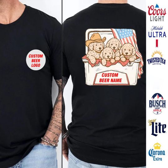 American Pride Beer Dog Double Sided T-Shirt, Funny Puppy Graphic Tee, Patriotic Party Shirt for Dad or Husband