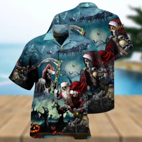 Discover Santa Skull Festive Hawaiian Shirt, Funny Christmas Hawaiian Print