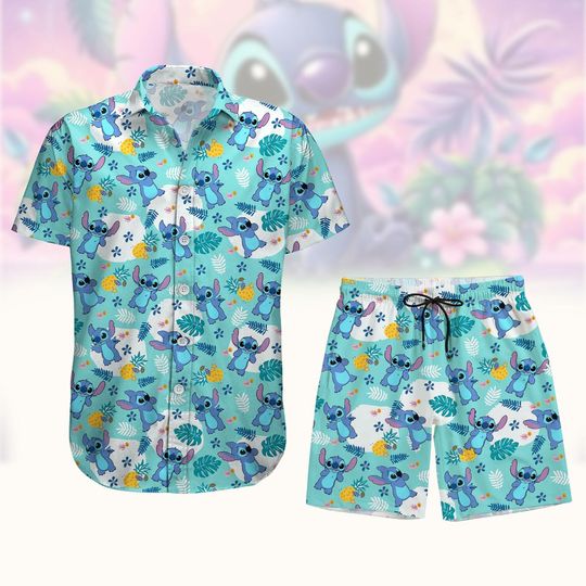 Discover Stitch Floral Button Shirt Shorts, Lilo And Stitch Summer Shirt, Disney Button Shirt, Tropical Stitch Hawaii Short, Disney Button Shirt