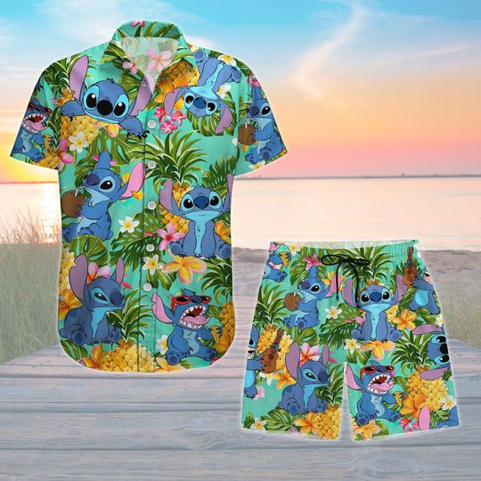 Discover Stitch Button Shirt And Shorts Set, Cute Hawaiian Disney Outfit, Lilo And Stitch Vacation Clothes, Summer Matching Set For Disney Fans