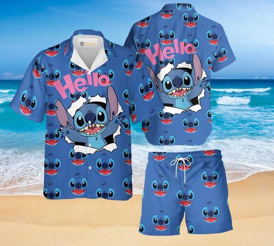 Discover Hello Stitch Blue Hawaiian Shirt and Shorts, Fun Cartoon Summer Outfit, Lilo and Stitch Matching Set for Beach Vacation, Disney Fan Gif