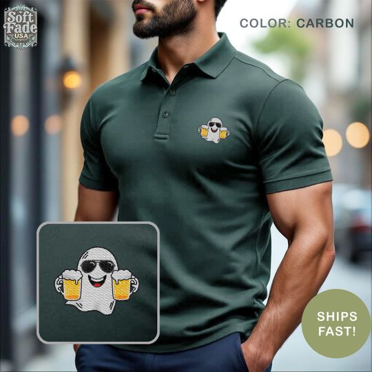 Funny Drinking Halloween Polo Shirt | Happy Ghost Boo Beer Embroidered Polo