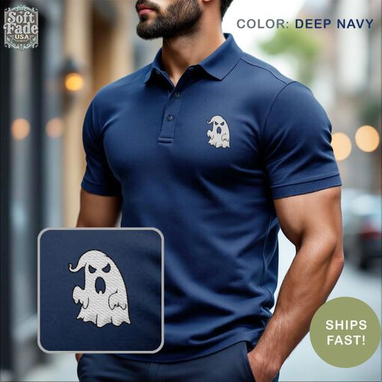 Funny Boo Halloween Polo Shirt, Spooky Ghost Embroidered Polo, Men's Halloween Costume Top