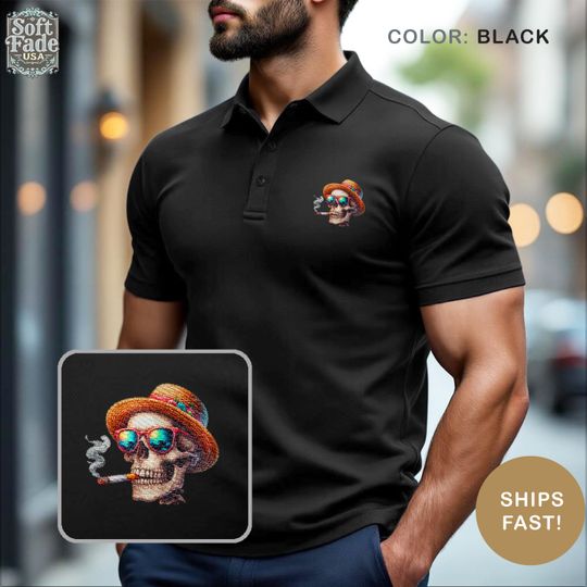 Smoking Skeleton Polo Shirt - Halloween Spooky Embroidered Polo for Men