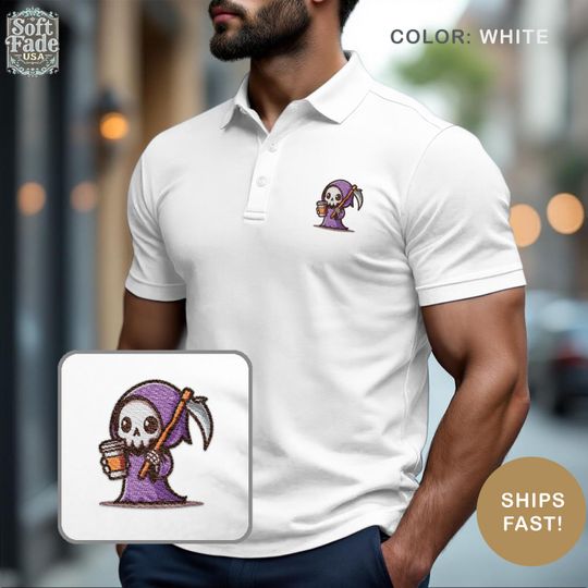 Embroidered Grim Reaper Coffee Polo Shirt - Spooky Skeleton Halloween Polo