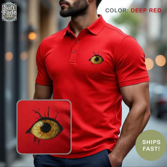 Halloween Eyeball Polo Shirt with Red Eye Chest Embroidery for Men