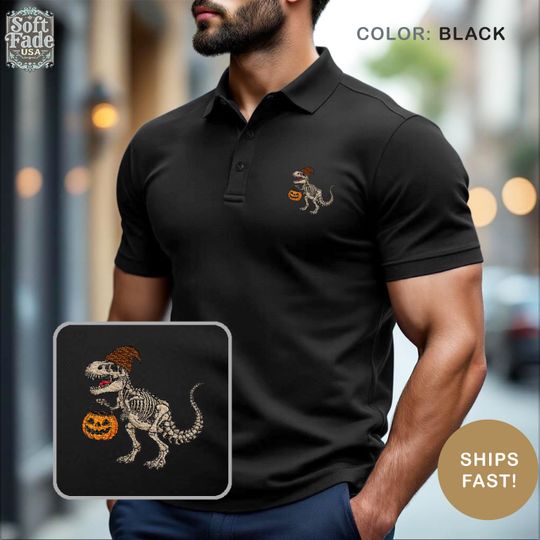 Embroidered Dino Skeleton Polo Shirt with Pumpkin Chest Print for Halloween