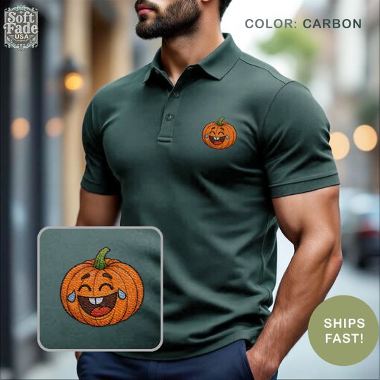 Halloween Pumpkin Polo Shirt with Embroidered Jack O' Lantern Design