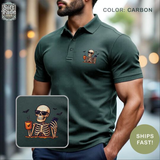 Skeleton Coffee Polo Shirt – Funny Halloween Spooky Skeleton Costume for Men