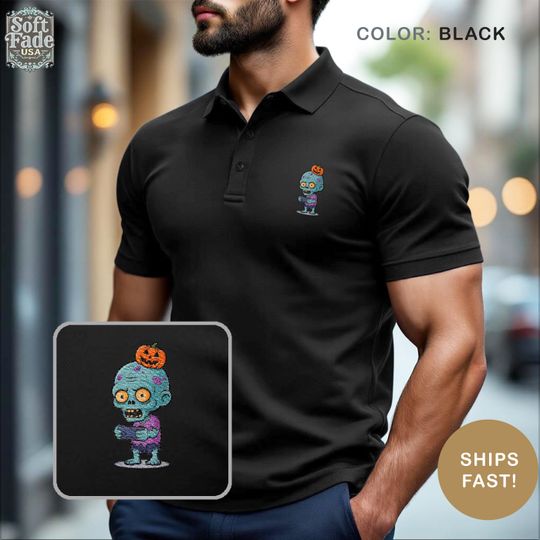Zombie Video Game Fan Polo Shirt, Halloween Skeleton Jack O Lantern Embroidered Polo, Spooky Mens Costume Top