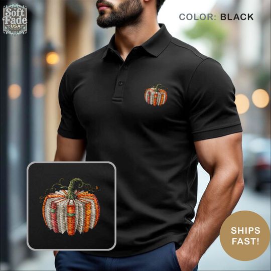 Fall Pumpkin Embroidered Polo Shirt for Men | Book Lover & Teacher Gift | Autumn Reading Polo