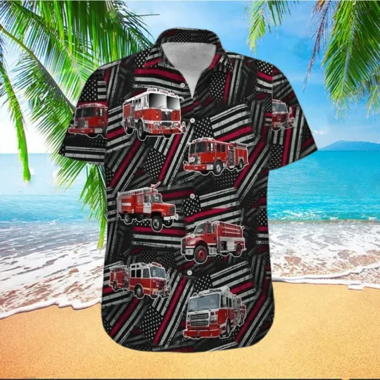 Discover Hawaiian Aloha Shirt Fire Truck Firefighter Flag Pattern