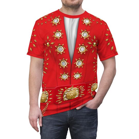 Discover King of Rock Shirt, Red Pinwheel Cosplay, Red & Gold Matador Tee, Burning Love Suit Costume, Rock and Roll Legend Singer Jumpsuit Inspired