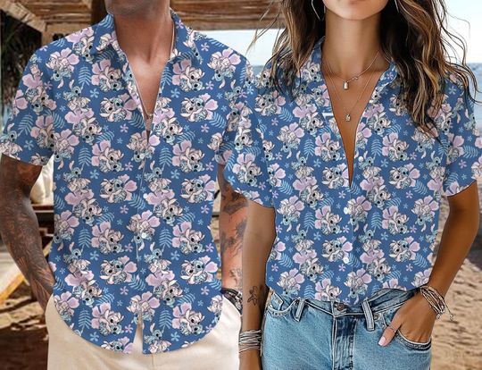 Discover Stitch & Angel Hawaiian Shirt,Lilo Stitch Hawaiian Shirt, Disney Beach Shirt, Stitch Summer Shirt, Stitch Couple Button Up,Disney Trip Shirt