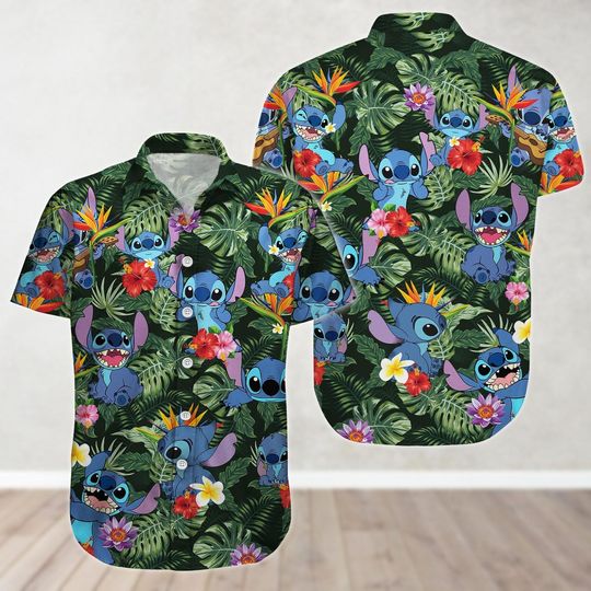 Discover Stitch Hawaiian Shirt, Disney Tropical Aloha Shirt, Lilo Stitch Floral Hibiscus Button Shirt,Beach Vacation Shirt,Cartoon Summer Outfit