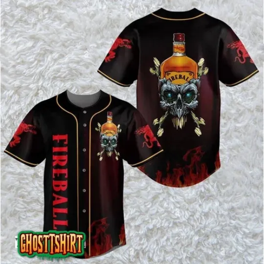Skull with Fireball Baseball Jersey, Halloween Gift
