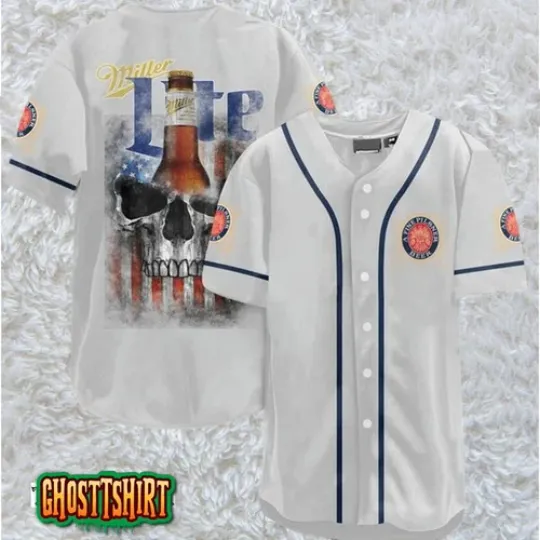 Discover US Flag Black Skull Miller Lite Baseball Jerseys