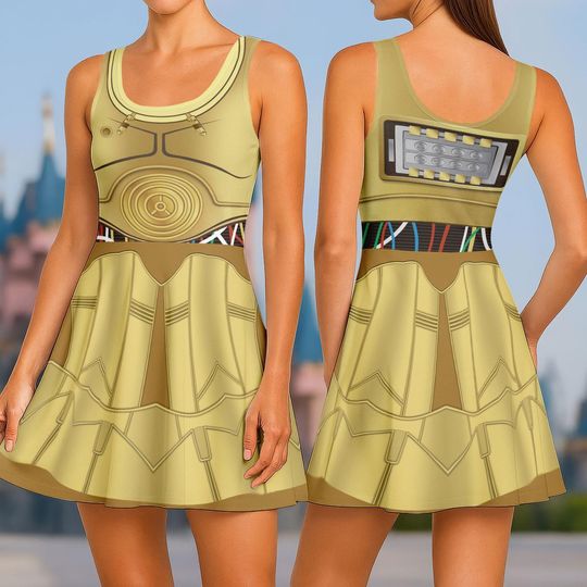 C3PO Costume Skater Dress, Disney Star Wars Women Dress, Droid Cosplay Outfit, Halloween Party Dress, Galaxy Casual Dress, Gift For Her