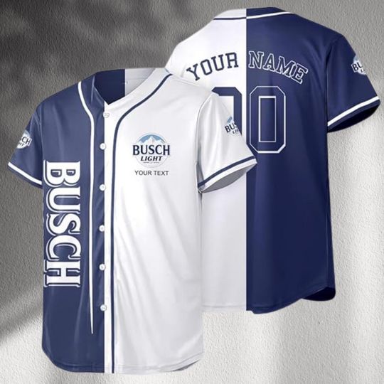 Discover Light Beer Baseball Jersey  Blue White Split Button Up with Vertical BUSCH, Custom Name and Number, Sleeve Logos, Unisex Game Beer Gift