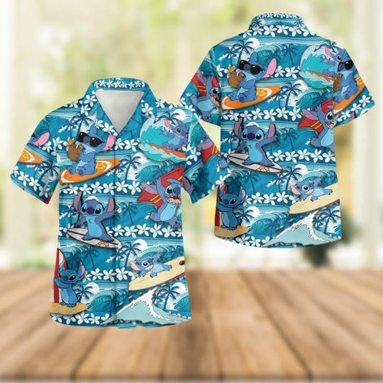 Funny Stitch Surfing Hawaiian Shirt, Lilo And Stitch Button Shirt, Ohana Means Family, Disney Trip, Magic Kingdom, Summer Beach Shirt