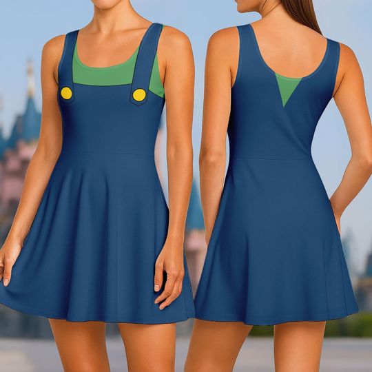 Discover Luigi Cosplay Skater Dress, Super Mario Women Dress, Nintendo Gamer Costume, Mario Bros Casual Dress, Fun Cartoon Halloween Party Dress