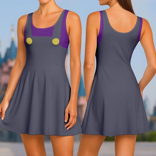 Waluigi Cosplay Skater Dress, Super Mario Women Dress, Halloween Costume Shirt, Mario Bros Dress, Video Game Dress,Cartoon Gift For Her