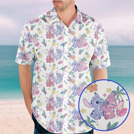 Discover Angel And Stitch Button Shirt, Disney Lilo And Stitch Hawaiian Shirt, Stitch Pineapple Floral Summer Shirt, Disney Fan Gift For Her Him