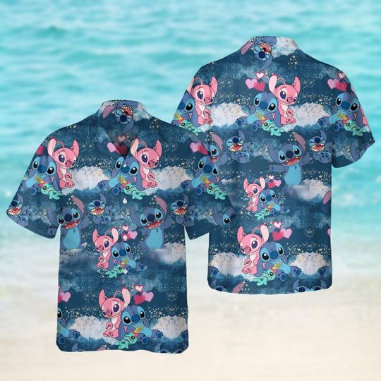 Stitch And Angel Hawaiian Shirt, Magic Kingdom Shirt, Ohana Button Shirt, Disney Trip Shirt, Family Vacation Shirt, Birthday Gift