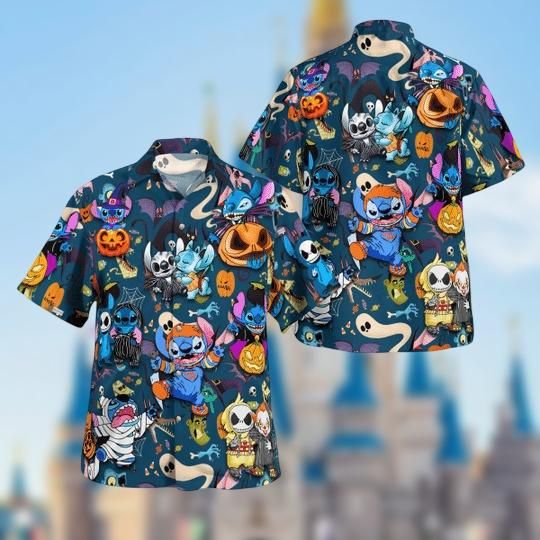 Halloween Stitch Hawaiian Shirt, Lilo And Stitch Halloween Shirt, Horror Characters Button Up Shirt, Spooky Season Shirt