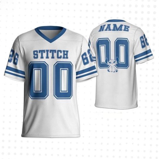 Discover Personalized Disney Stitch Football Jersey  Custom Adult Jersey Collection  White & Blue Disney Outfit Gift