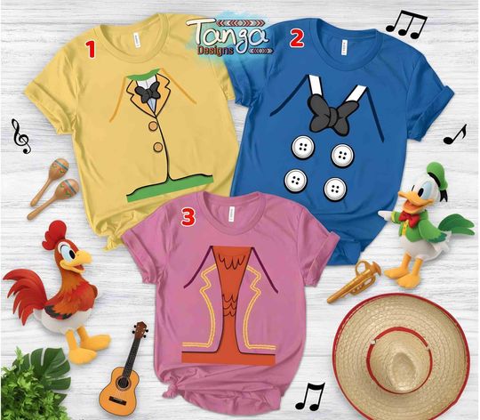 Disney Three Caballeros Costume Shirt, Donald Duck Jose Carioca Panchito Pistoles Tee, Family Halloween Matching, Disneyland Cosplay Tee
