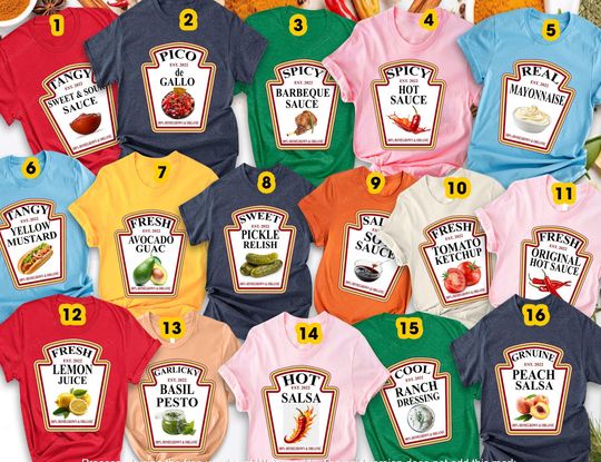 Discover Condiment Bottle Costume Tee 2025, Funny Sauce Halloween Shirt, Foodie Parody Top, Family Matching Outfit, Group Party Squad Shirt