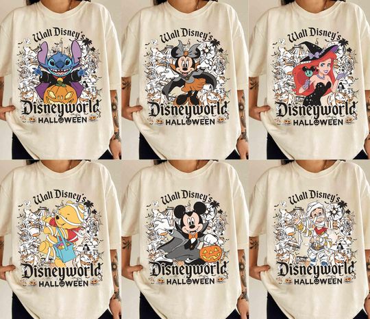 Discover Retro Disney All Character Disneyworld Halloween Shirt, Family Matching Disney Skeleton Tees, Not So Scary Halloween Party 2025 Costume Tee