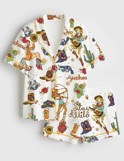 Discover Women's Western Cowboys Yeehaw Stay Wild Short Sleeve Satin Pajama Set, Cowboys Stay Wild Sleepwear, Nightwear Gift Sleepwear