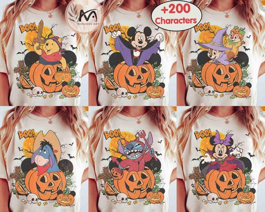 Discover Customize Disney All Characters Halloween Pumpkin Shirt, Mickey & Friends Stitch Pooh Chip Dale, Mickey's Not So Scary Halloween Party Tee