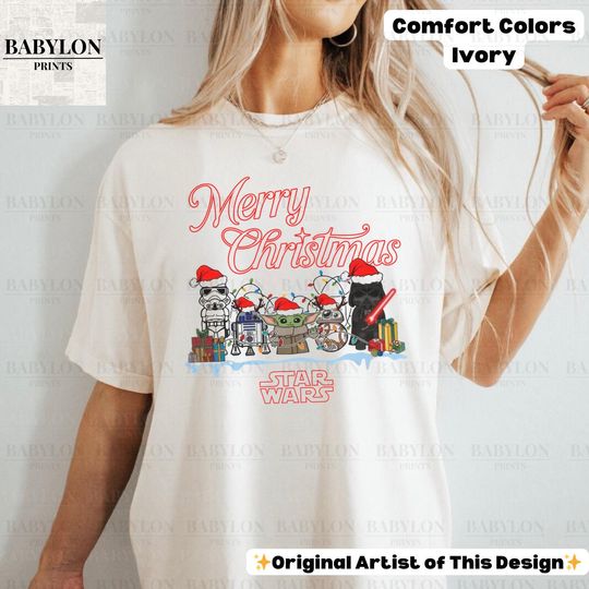 Discover Vintage Star Wars Christmas Shirt: Baby Yoda Shirt Droid Vader Tee, Stormtrooper R2-D2 Holiday Shirt, Galaxys Edge Christmas Parade Tee