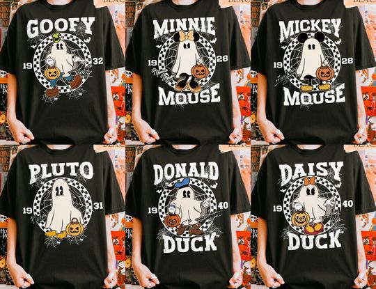 Discover Retro Disney Checkered Halloween All Characters Shirt, Mickey And Friends Halloween Checkered Shirt, Disney 2025 Family Trip Halloween Shirt