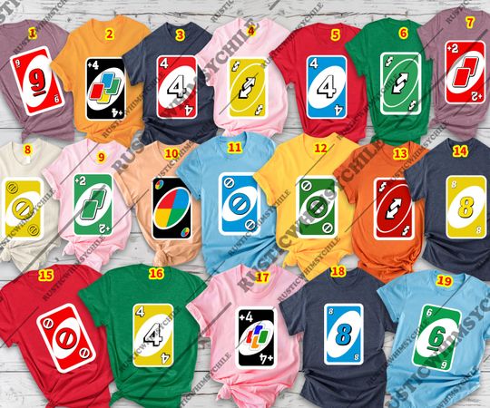 Discover Funny UNO Card Halloween Shirt | Group Costume Tee 2025 | Family Matching Outfit | Wild Game Parody Top | Party Squad Colorful Shirt