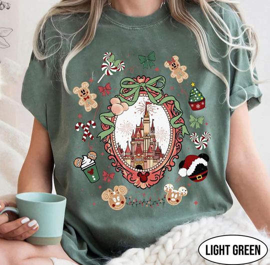 Coquette Bows Disneyland Castle Christmas Shirt, Magic Kingdom Christmas Shirt, Disney Christmas Shirt, Mickey and Friends Christmas Shirt