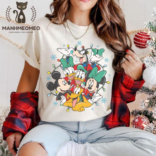 Discover Vintage Disney Christmas Shirt, Mickey Mouse Holiday Lights Shirt, Mickey Minnie Donald Daisy Goofy Pluto Tee, Disney Characters Holiday Tee