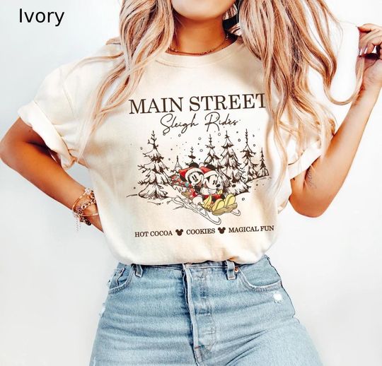 Discover Retro Disney Main Street Sleigh Rides Shirt, Mickey Minnie Christmas Shirt, Disney Christmas Shirt, Christmas Tree Shirt, Matching Christmas
