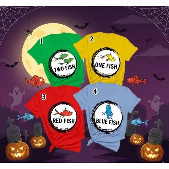 Discover Funny One Fish Two Fish Halloween Shirt | Family Matching Costume Tee 2025 | Retro Parody Top | Teacher Group Outfit|Colorful Trick or Treat