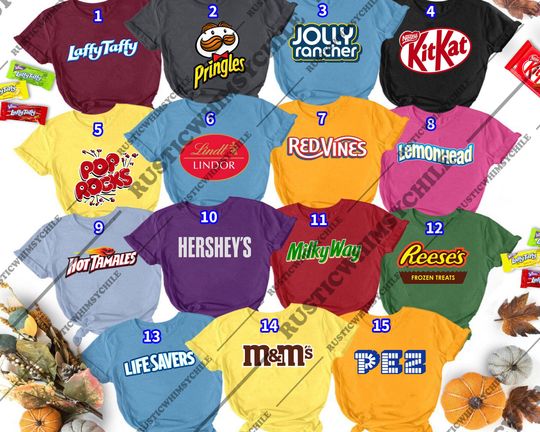 Discover Funny Candy Halloween Shirt | Snack Parody Costume Tee 2025 | Retro Sweet Lover Top | Family Matching Outfit | Colorful Group Squad Shirt