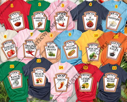 Discover Funny Sauce Halloween Shirt | Condiment Bottle Costume Tee 2025 | Foodie Parody Top | Family Matching Outfit | Group Party Squad Shirt
