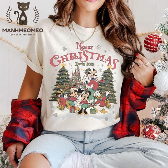 Discover Vintage Disney Merry Christmas Party 2025 Shirt, Mickey Minnie Daisy Donald Goofy Pluto Christmas Shirt, Disney Castle Christmas Shirt 2025