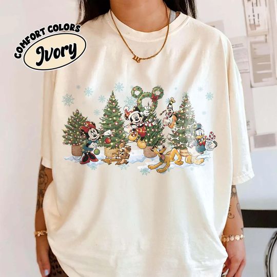 Discover Vintage Mickey Christmas Shirt, Disney Friends Xmas Tee, Holiday Family Matching Outfit, Cute Disney Christmas Tree Graphic T-Shirt