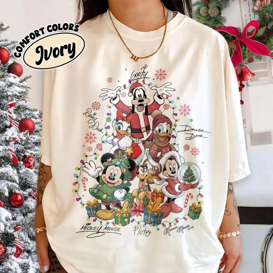Discover Comfort Colors Mickey & Friends Christmas Shirt with Signatures, Disney Xmas Tee, Mickeys Very Merry Christmas Party, Family Matching Shirt