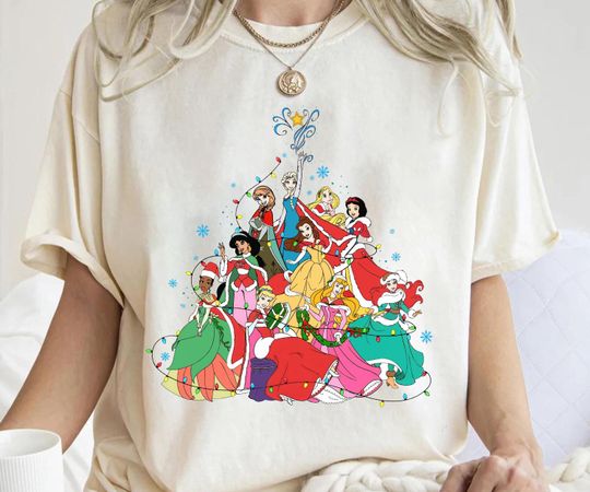 Discover Disney Princess Christmas Lights Tree Group T-Shirt, Mickey's Very Merry Christmas Party, Disneyland Christmas Family Tee, Princess Xmas Tee