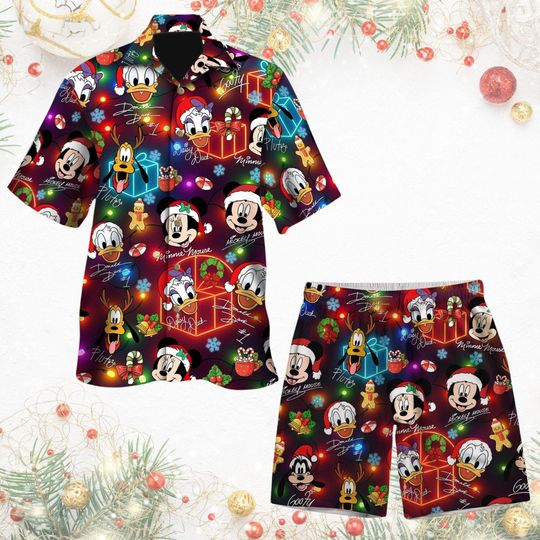 Discover Mickey And Friends Signature Christmas Hawaiian Shirt, Mickey Very Merry Christmas Party Button Hawaiian Set, Mickey Candy Xmas Holiday Tee