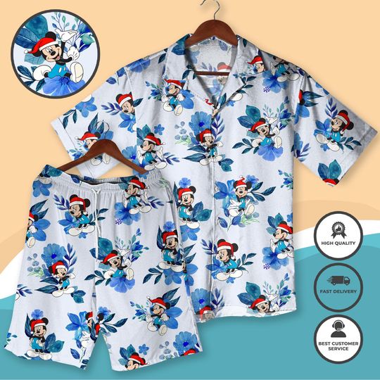 Discover Christmas Mickey Hawaiian Shirt Shorts Holiday Vacation Outfit Mickey Tropical Floral Print Aloha Shirt for Men Women Christmas Gifts